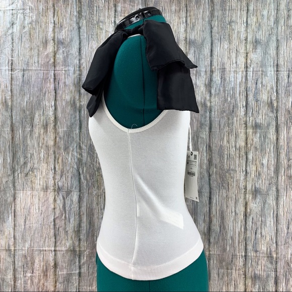 Zara NWT White One Shoulder Ribbed Top with Black Satin Shoulder Bow, Medium - Picture 6 of 16
